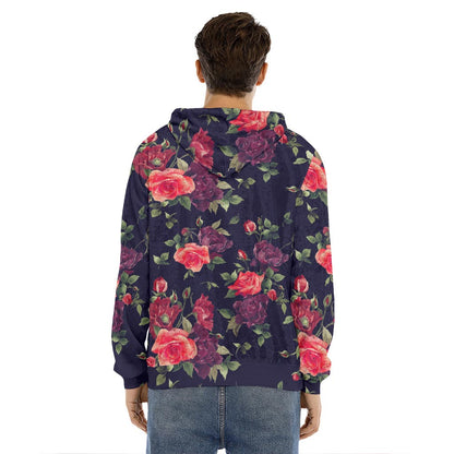 Red Violet Roses Floral Pattern Print Men's Velvet Pullover Hoodie