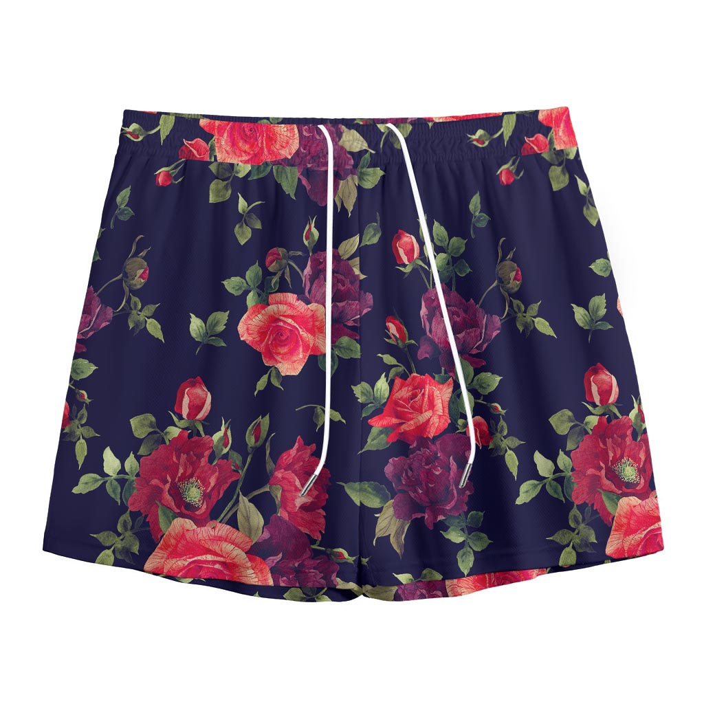 Red Violet Roses Floral Pattern Print Mesh Shorts