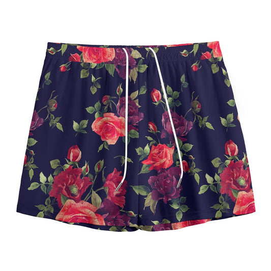 Red Violet Roses Floral Pattern Print Mesh Shorts