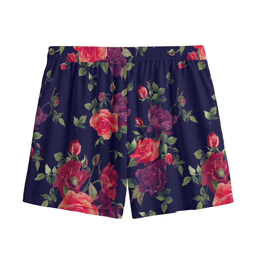 Red Violet Roses Floral Pattern Print Mesh Shorts