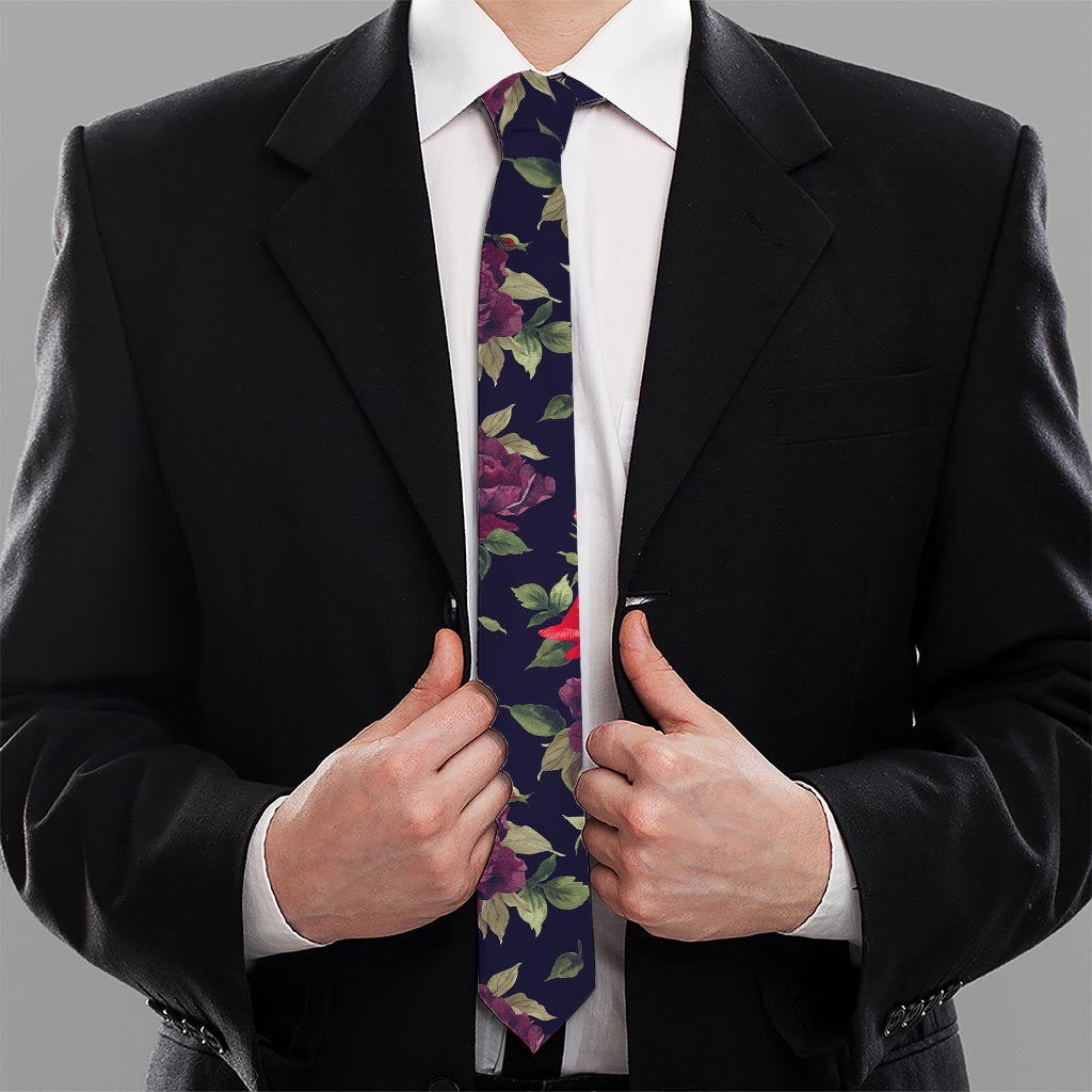 Red Violet Roses Floral Pattern Print Necktie