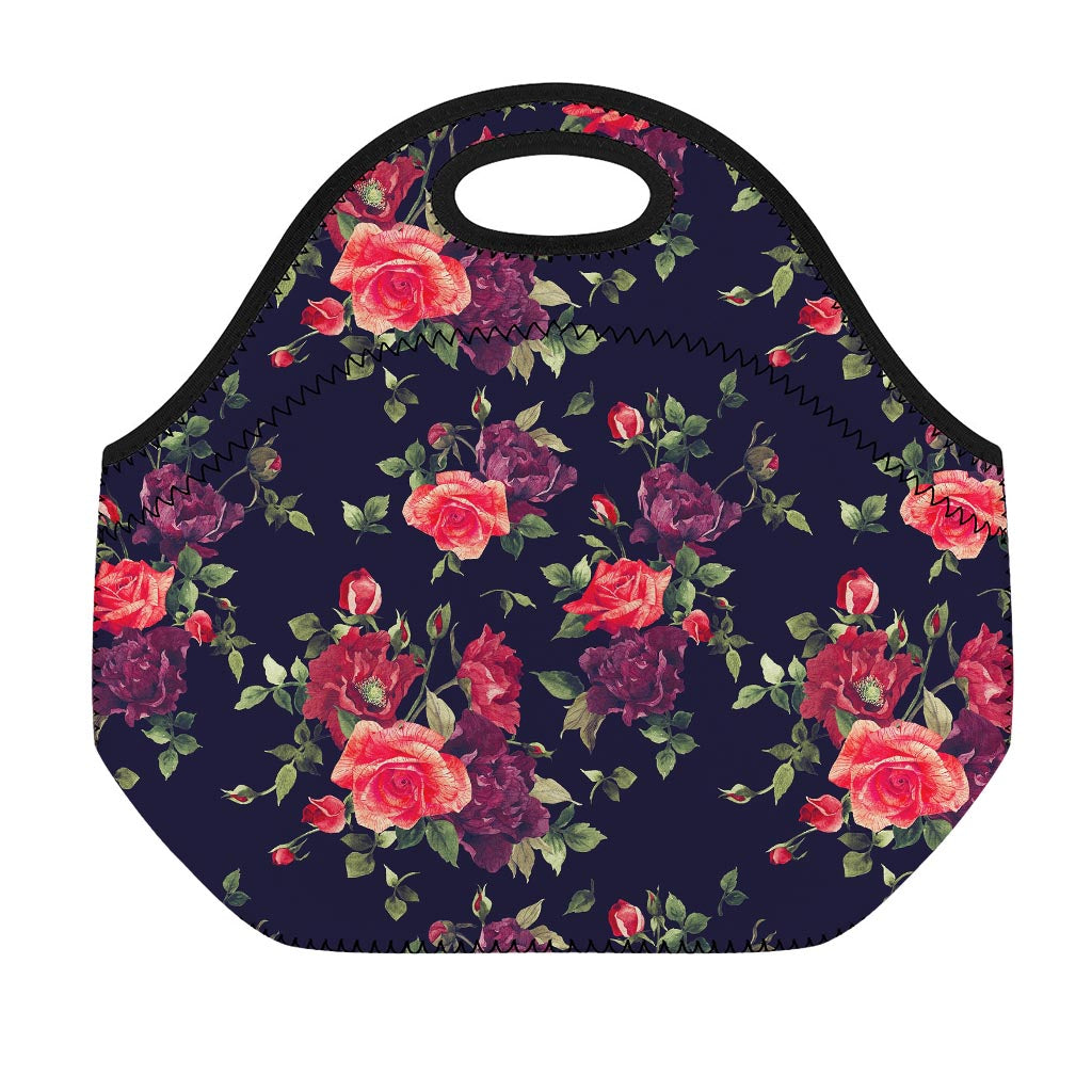Red Violet Roses Floral Pattern Print Neoprene Lunch Bag