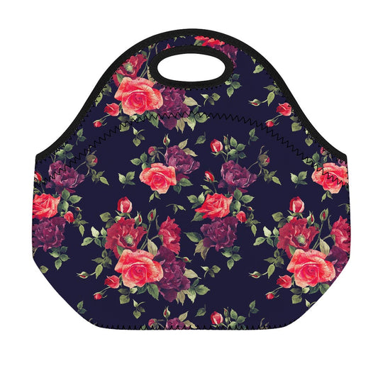 Red Violet Roses Floral Pattern Print Neoprene Lunch Bag