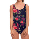 Red Violet Roses Floral Pattern Print One Piece Swimsuit