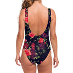Red Violet Roses Floral Pattern Print One Piece Swimsuit