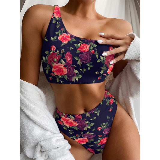Red Violet Roses Floral Pattern Print One Shoulder Bikini Top
