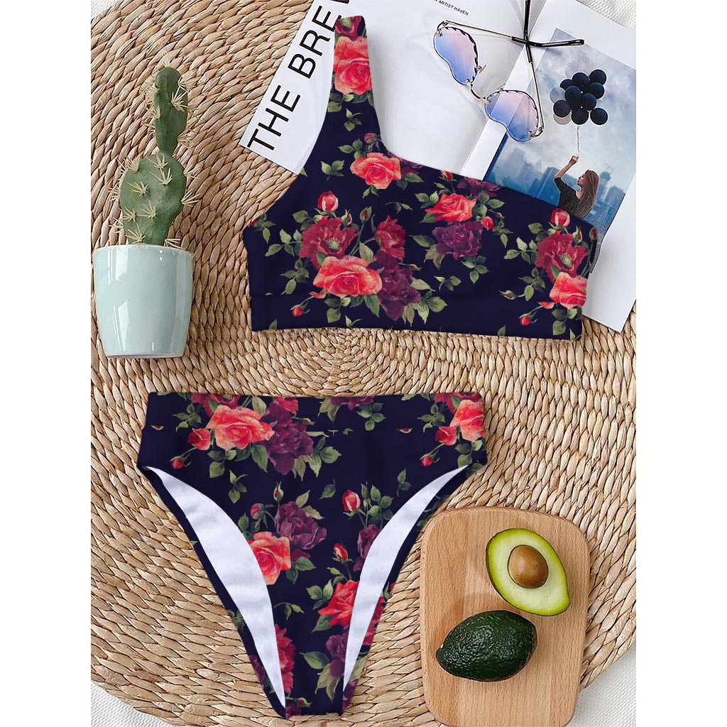 Red Violet Roses Floral Pattern Print One Shoulder Bikini Top