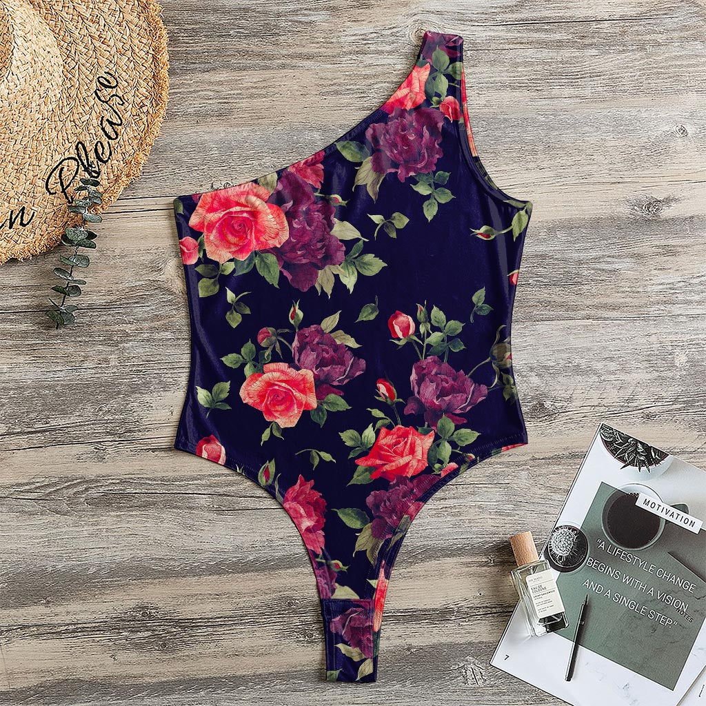 Red Violet Roses Floral Pattern Print One Shoulder Bodysuit