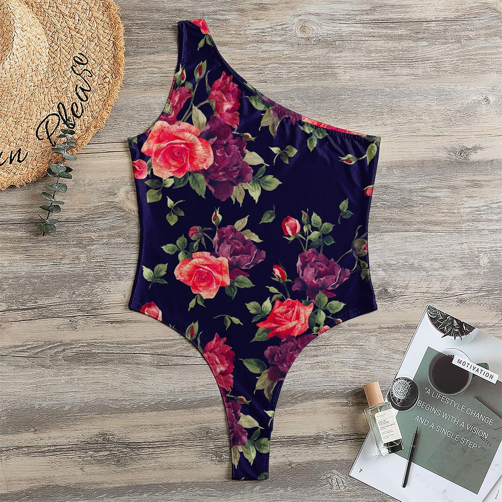 Red Violet Roses Floral Pattern Print One Shoulder Bodysuit