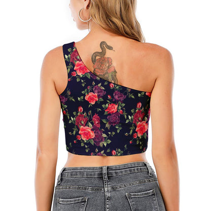Red Violet Roses Floral Pattern Print One Shoulder Crop Top