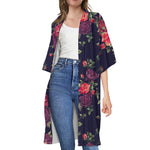 Red Violet Roses Floral Pattern Print Open Front Beach Cover Up