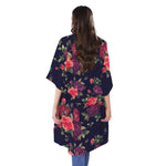 Red Violet Roses Floral Pattern Print Open Front Beach Cover Up