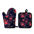 Red Violet Roses Floral Pattern Print Oven Mitt And Pot Holder Set