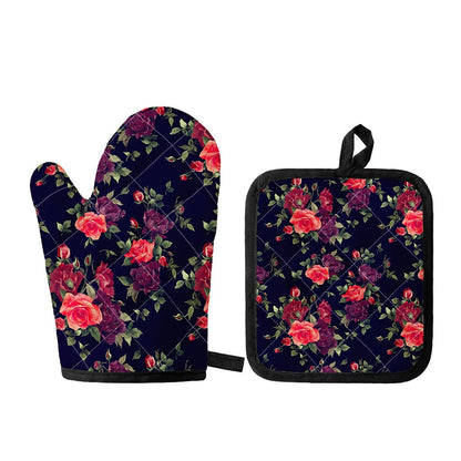 Red Violet Roses Floral Pattern Print Oven Mitt And Pot Holder Set