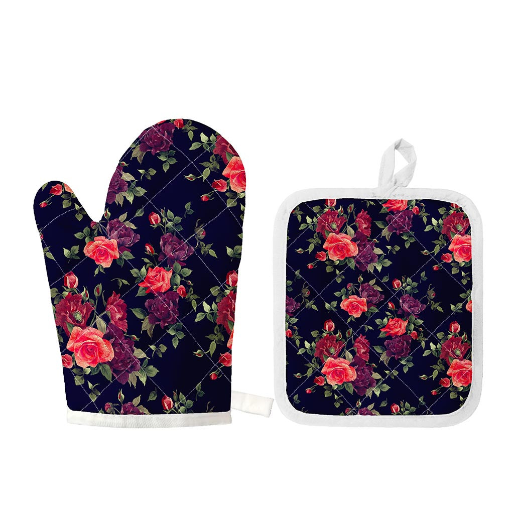 Red Violet Roses Floral Pattern Print Oven Mitt And Pot Holder Set