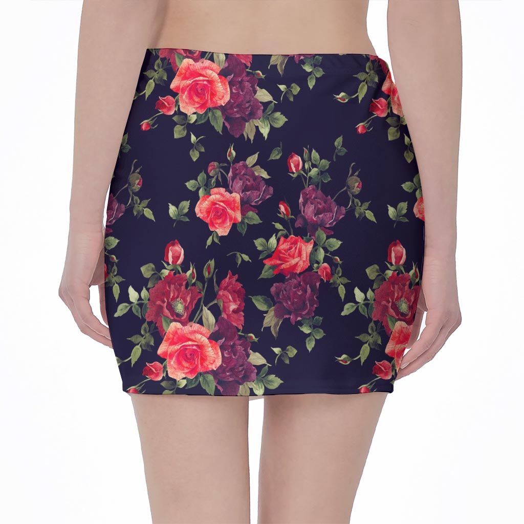Red Violet Roses Floral Pattern Print Pencil Mini Skirt