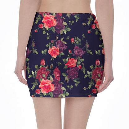 Red Violet Roses Floral Pattern Print Pencil Mini Skirt