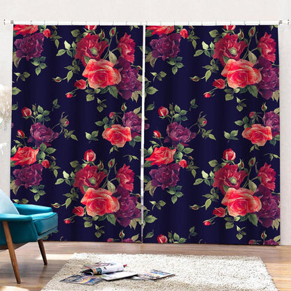 Red Violet Roses Floral Pattern Print Pencil Pleat Curtains
