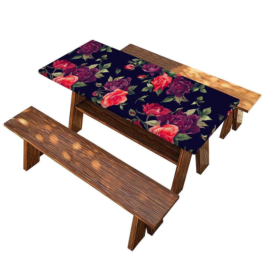 Red Violet Roses Floral Pattern Print Picnic Table Cover