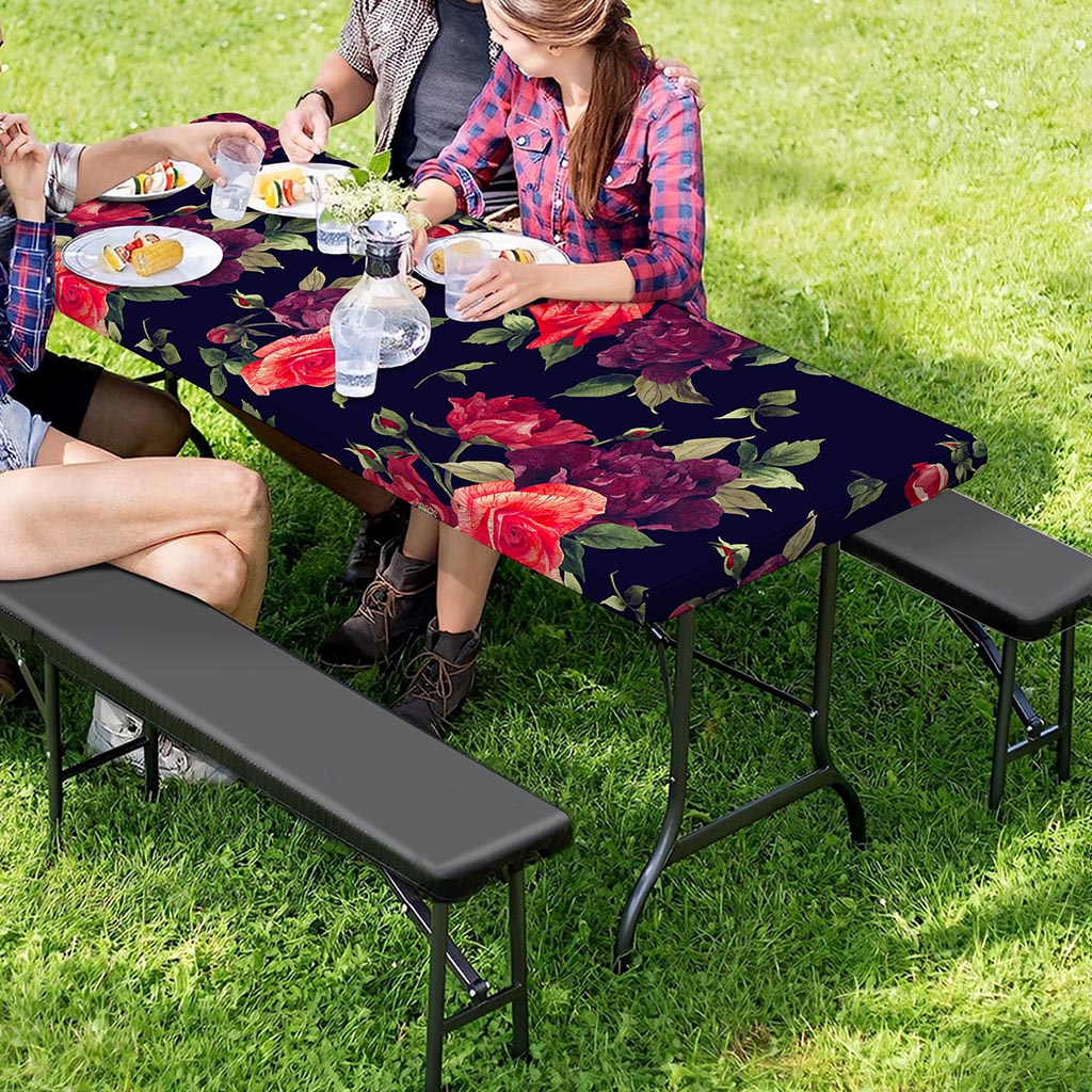 Red Violet Roses Floral Pattern Print Picnic Table Cover