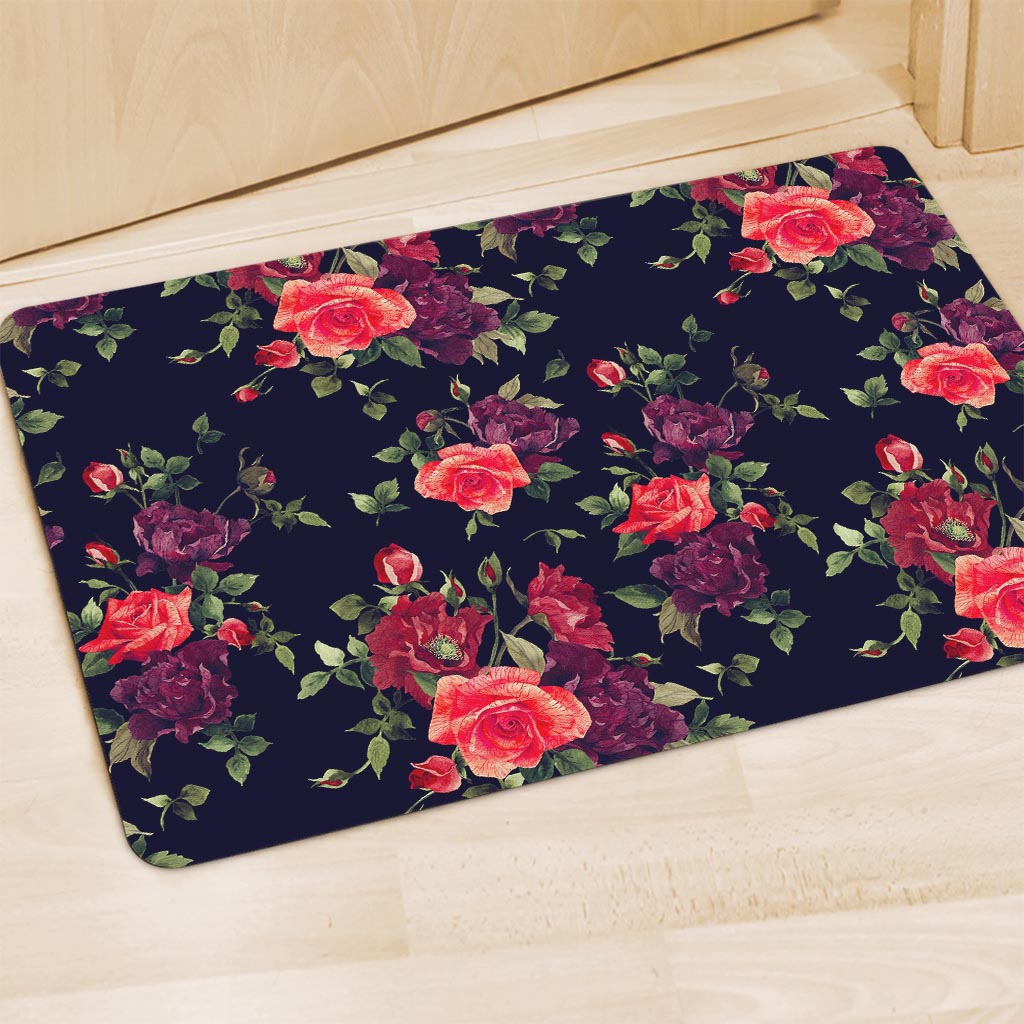 Red Violet Roses Floral Pattern Print Polyester Doormat