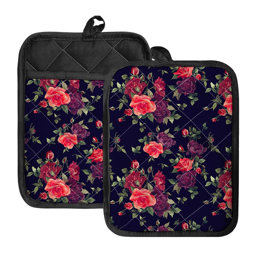 Red Violet Roses Floral Pattern Print Pot Holders With Pocket