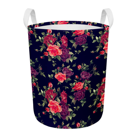 Red Violet Roses Floral Pattern Print Round Laundry Basket