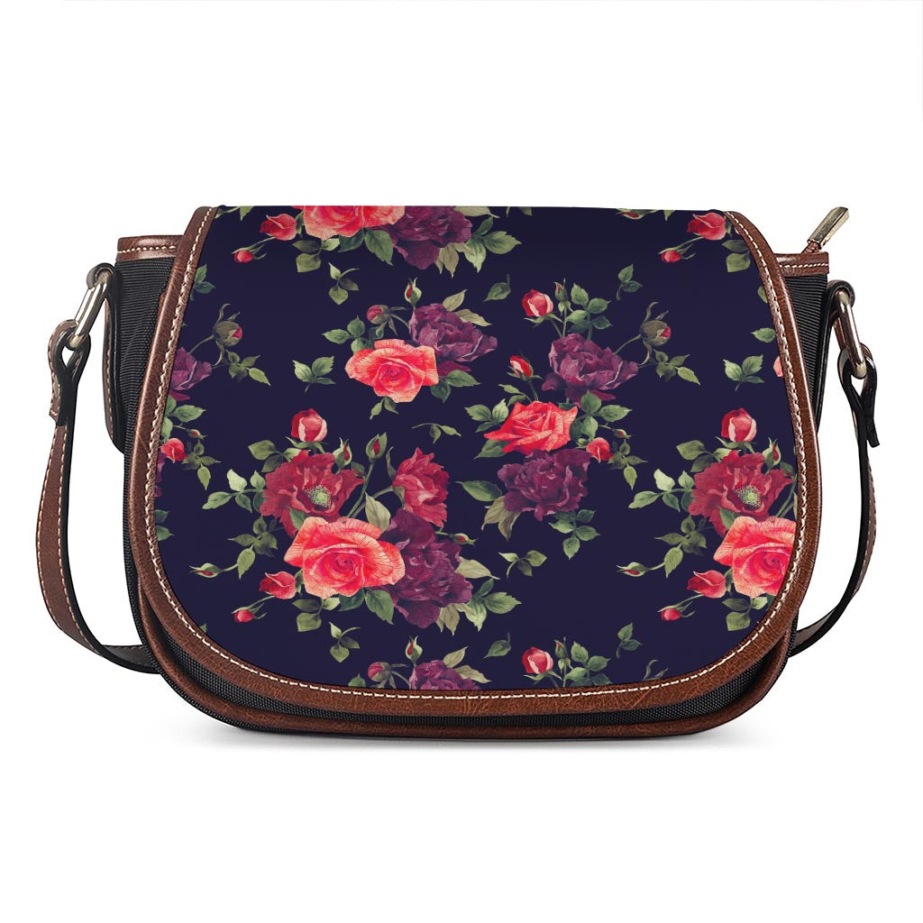 Red Violet Roses Floral Pattern Print Saddle Bag
