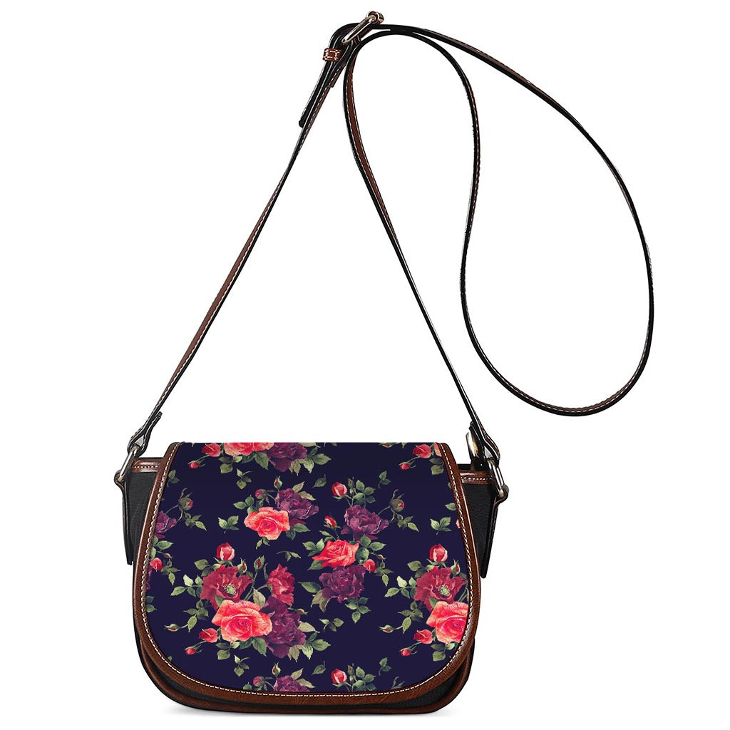 Red Violet Roses Floral Pattern Print Saddle Bag