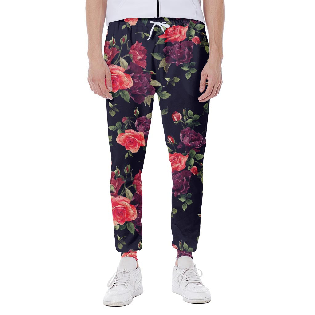 Red Violet Roses Floral Pattern Print Scuba Joggers