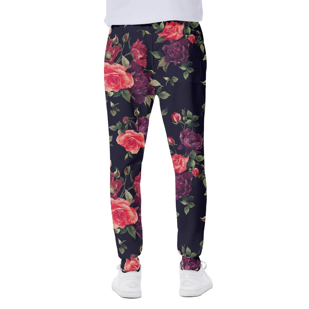 Red Violet Roses Floral Pattern Print Scuba Joggers