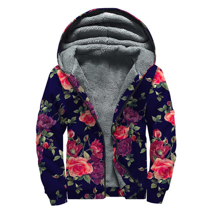 Red Violet Roses Floral Pattern Print Sherpa Lined Zip Up Hoodie
