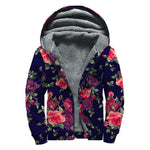 Red Violet Roses Floral Pattern Print Sherpa Lined Zip Up Hoodie