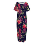 Red Violet Roses Floral Pattern Print Short Sleeve Long Nightdress