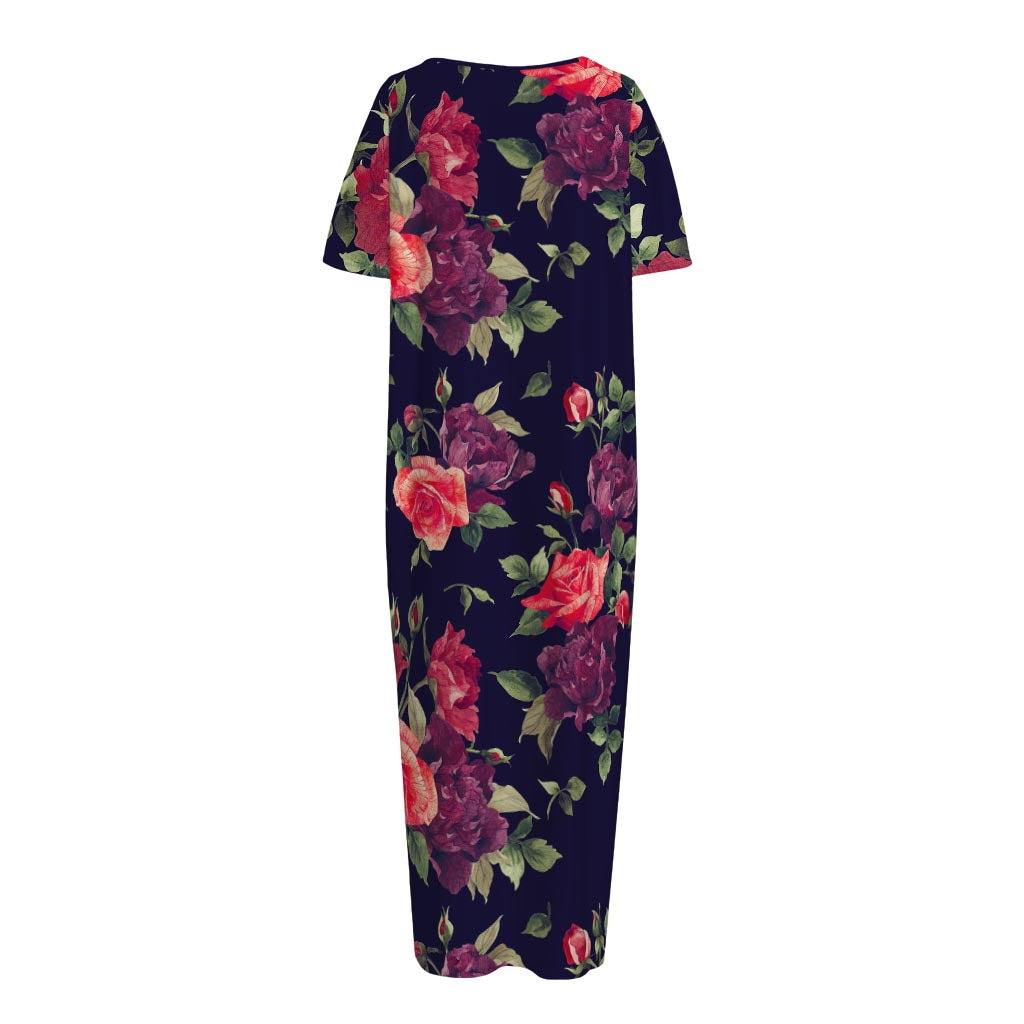 Red Violet Roses Floral Pattern Print Short Sleeve Long Nightdress