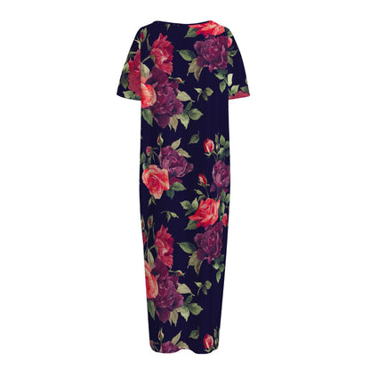 Red Violet Roses Floral Pattern Print Short Sleeve Long Nightdress