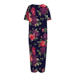 Red Violet Roses Floral Pattern Print Short Sleeve Long Nightdress
