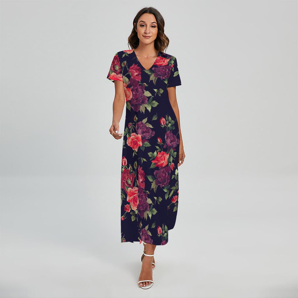 Red Violet Roses Floral Pattern Print Short Sleeve Maxi Dress