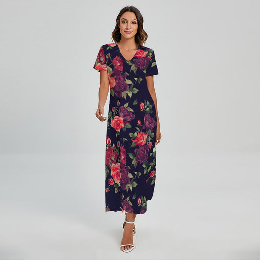 Red Violet Roses Floral Pattern Print Short Sleeve Maxi Dress