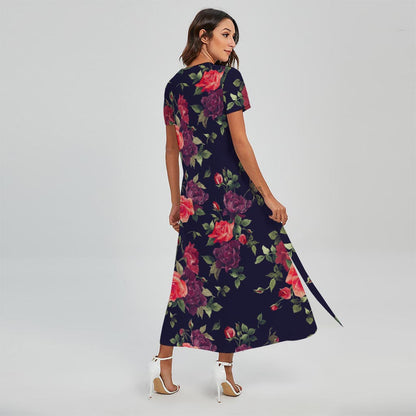 Red Violet Roses Floral Pattern Print Short Sleeve Maxi Dress