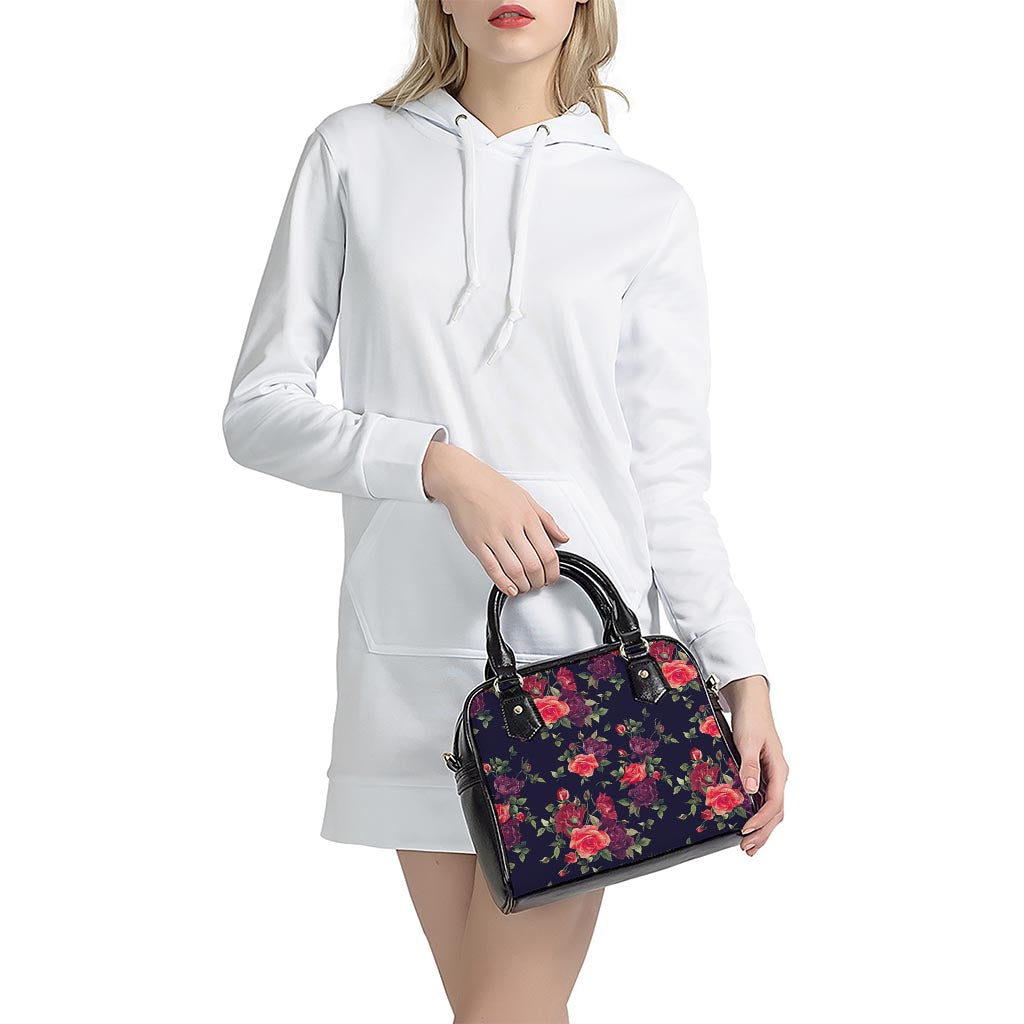 Red Violet Roses Floral Pattern Print Shoulder Handbag