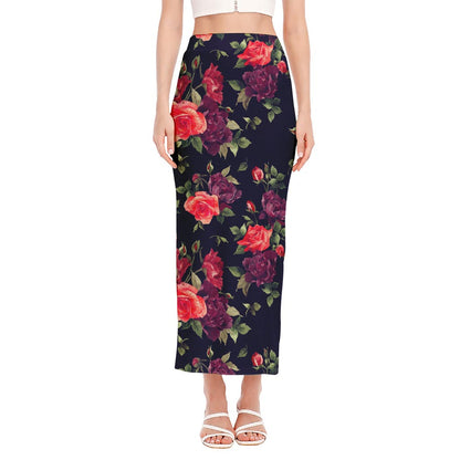 Red Violet Roses Floral Pattern Print Side Slit Maxi Skirt