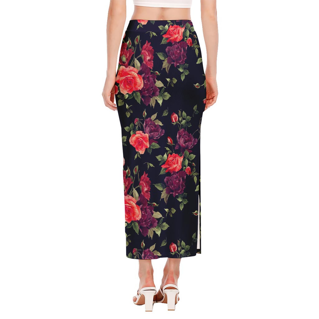 Red Violet Roses Floral Pattern Print Side Slit Maxi Skirt