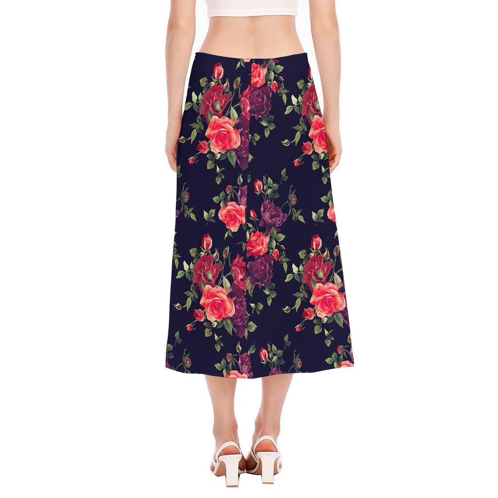 Red Violet Roses Floral Pattern Print Side Slit Midi Skirt