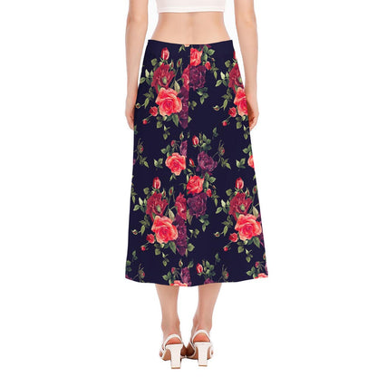 Red Violet Roses Floral Pattern Print Side Slit Midi Skirt