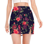 Red Violet Roses Floral Pattern Print Side Slit Mini Skirt