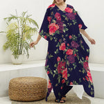 Red Violet Roses Floral Pattern Print Silk V-Neck Kaftan Dress
