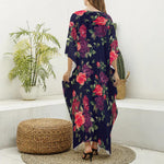Red Violet Roses Floral Pattern Print Silk V-Neck Kaftan Dress