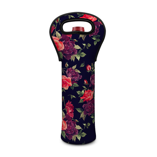 Red Violet Roses Floral Pattern Print Single Neoprene Wine Tote