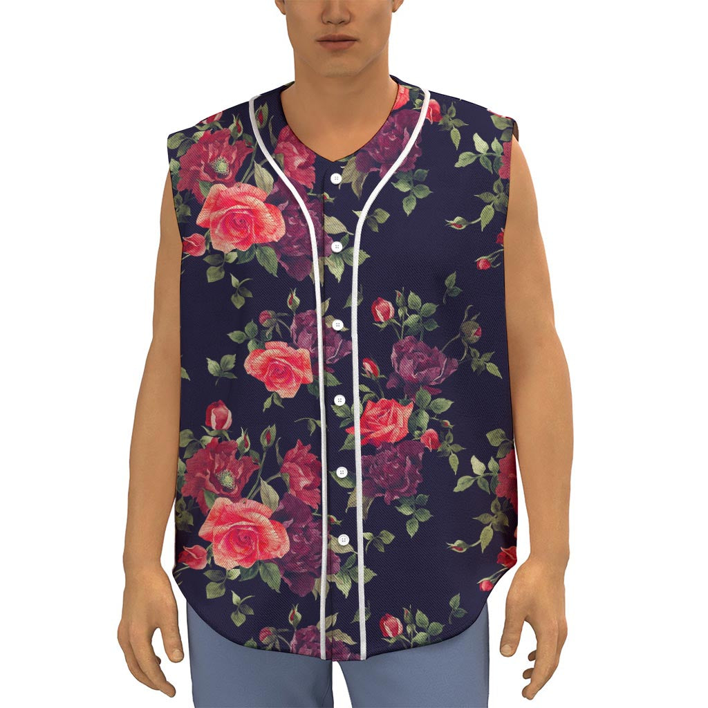 Red Violet Roses Floral Pattern Print Sleeveless Baseball Jersey